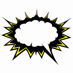 Stylized comic speech bubble with jagged starburst border in yellow and black, vibrant cloud design; concept of magazine, advertisement, pop art