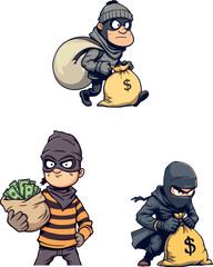 Cartoon thieves escaping with stolen money bags