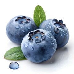 A photorealistic close-up of fresh blueberries with a deep blue-purple hue and a soft, powdery surface, featuring a single droplet of water on one berry to enhance freshness, against a clean white bac