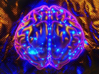 Futuristic AI Brain Illuminated with Blue and Purple Lights, Conceptual Image of Artificial Intelligence Technology Advancement a brain with blue and purple lights on it