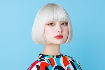 Portrait of a Japanese woman with short platinum blonde bob haircut, bold red lipstick, colorful geometric pattern dress, isolated on blue background, professional studio photography

