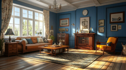 Naklejka premium Vintage blue wall living room with white wood floor tiles 3d render illustration