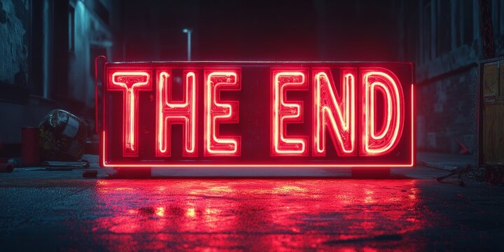 A glowing red metallic 'END' text on a dark background, evoking a cinematic sense of finality and suspense, ideal for dramatic endings.