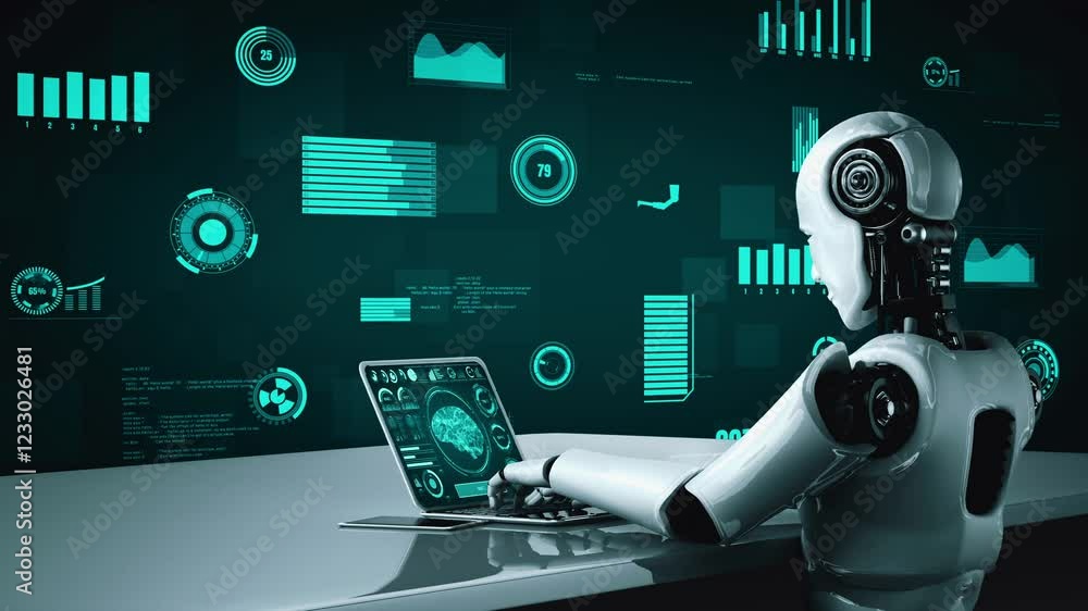 Poster futuristic robot artificial intelligence huminoid ai for industrial factory technology development a