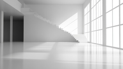 Obraz premium abstract white background architecture glossy room 3d render illustration with showroom staircase podium