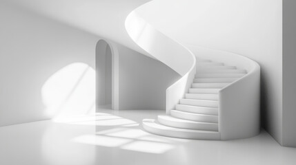 Obraz premium abstract white background architecture glossy room 3d render illustration with showroom staircase podium
