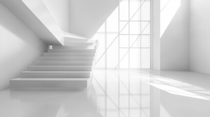 Obraz premium abstract white background architecture glossy room 3d render illustration with showroom staircase podium