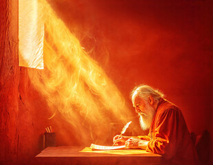 Elderly man with a white beard, dressed in a flowing robe, writing with a quill pen depicting apostle. The scene is bathed in warm, golden light filtering through a window. Copy space.
