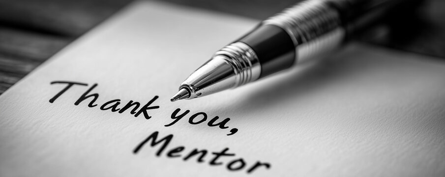 Expressing gratitude with pen on paper: thank you, mentor note in black and white