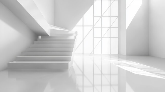 abstract white background architecture glossy room 3d render illustration with showroom staircase podium