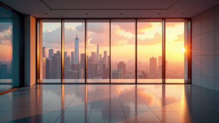 Modern Living Space with the Sunrise Breaking Over a City of Skyscrapers