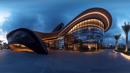 Full 360 equirectangular spherical panorama view of dark modern futuristic technology building architecture 3d rendering illustration