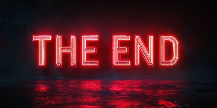 A glowing red metallic 'END' text on a dark background, evoking a cinematic sense of finality and suspense, ideal for dramatic endings.