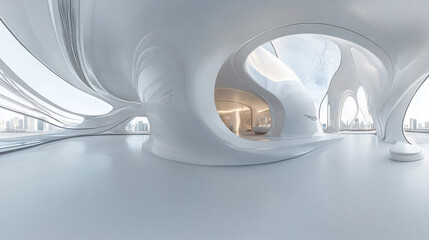 360 degree full panorama view of modern white futuristic technology concept building interior 3d render illustration hdri hdr vr style