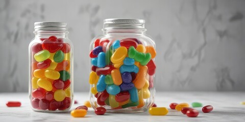 Colorful gummy vitamins stacked in a glass bottle , colorful, food, wellness