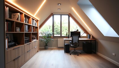 Transformation an empty attic into a functional workspace with bright lighting and smart storage