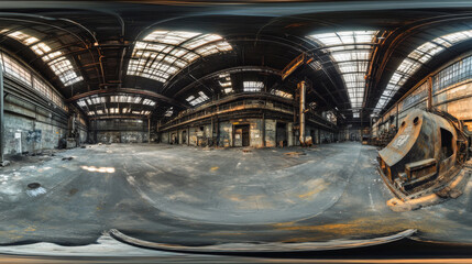 360 degree panorama hdr vr style dark hall room industrial futuristic grunge style 3d render illustration
