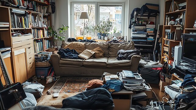 A messy living room transformed into a cozy clean and organized space