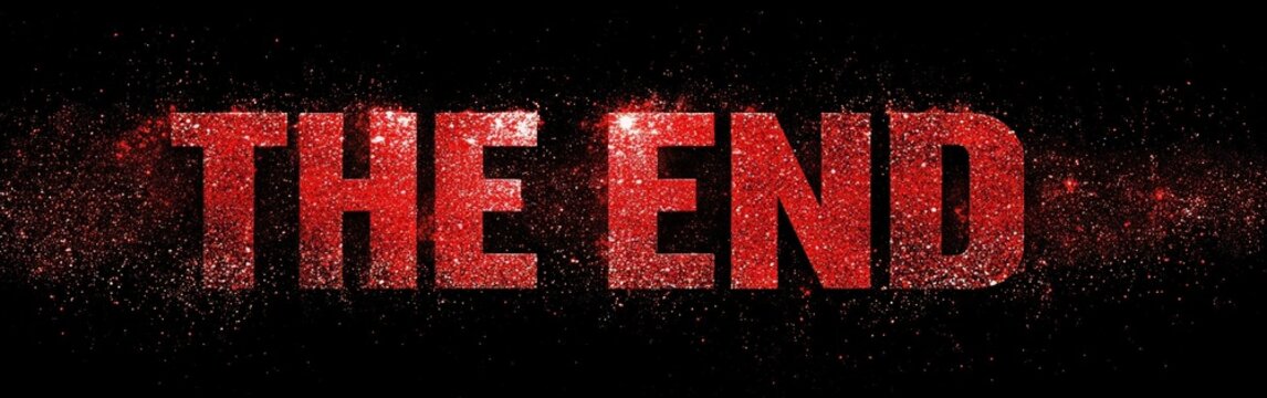 A glowing red metallic 'END' text on a dark background, evoking a cinematic sense of finality and suspense, ideal for dramatic endings.