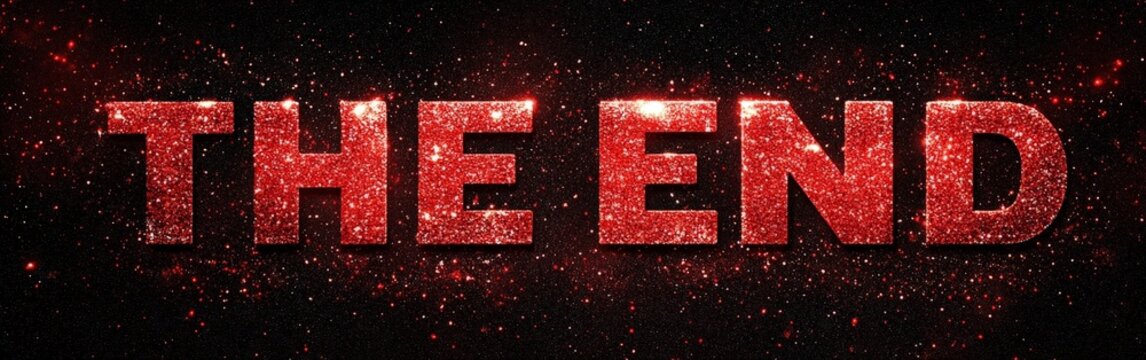 A glowing red metallic 'END' text on a dark background, evoking a cinematic sense of finality and suspense, ideal for dramatic endings.