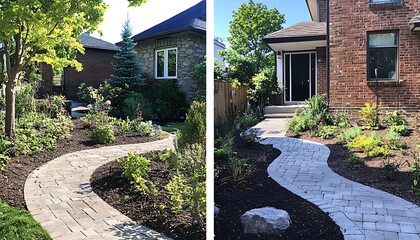 Obraz premium Transformation a worn-out front yard into a lush, vibrant garden with paved pathways