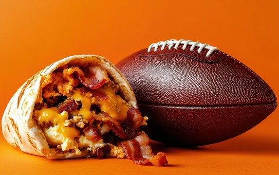 A football and a fully loaded breakfast burrito with eggs, bacon, and cheese on a rich orange background, morning Super Bowl treat