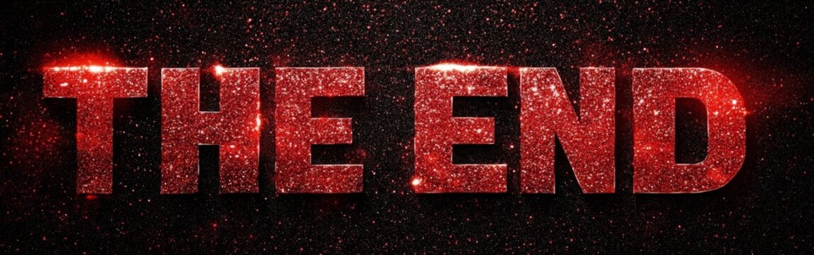 A glowing red metallic 'END' text on a dark background, evoking a cinematic sense of finality and suspense, ideal for dramatic endings.