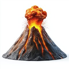 Glowing volcano erupting with bright lava against a dark sky, isolated on a clean white background