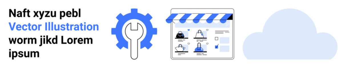 Wrench inside gear, storefront icon with product thumbnails, and cloud symbol. Ideal for e-commerce, website management, cloud storage, online business, digital marketing tech support. Landing page