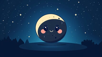 Fototapeta premium Cute Kawaii Character Under Full Moon Night, Flat Vector Illustration