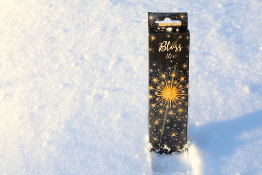 Sparkler box in the snow. Tomtebloss in Swedish.