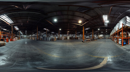 Full 360 degree equirectangular panorama hdri of dark industrial grunge building interior 3d render illustration