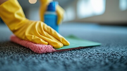 Gloved Hand Cleaning Carpet With Spray Bottle And Cloth