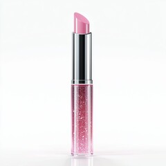 Moisturizing lip gloss tube with a sparkling pink hue, placed on a bright white background