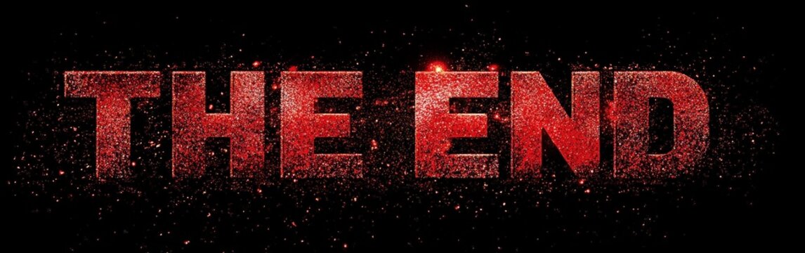 A glowing red metallic 'END' text on a dark background, evoking a cinematic sense of finality and suspense, ideal for dramatic endings.