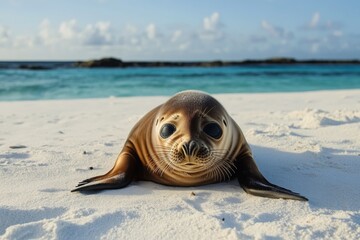 A baby seal lies comfortably on a soft white sandy beach, its big eyes looking directly at the camera. The tranquil ocean waves can be seen in the background under a bright sky