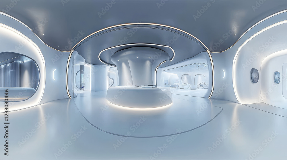 Poster 360 degree full panorama environment map of future architecture studio with bright led lights and cu