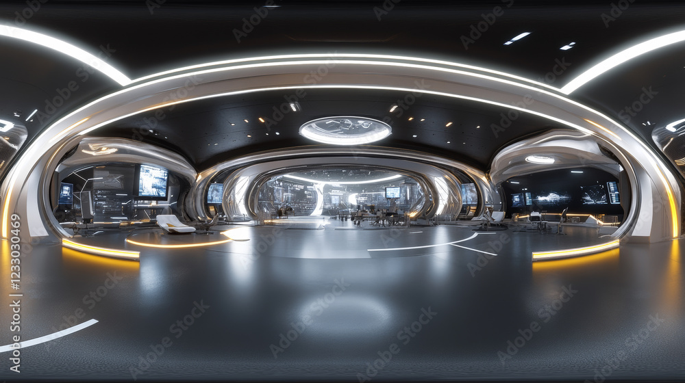 Poster 360 degree full panorama environment map of future architecture studio with bright led lights and cu