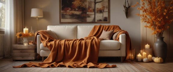Cozy autumnal living room with plush throw blankets and fall decorations , homey warmth, fall colors, comfortable seating