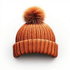 Knitted beanie with a fluffy pompom on top, placed on a bright white background