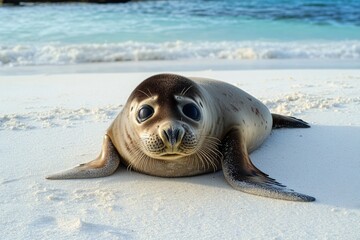 A baby seal is comfortably lying on a serene white sandy beach, gazing curiously at the camera. The gentle waves of the ocean create a peaceful backdrop, highlighting its soft fur