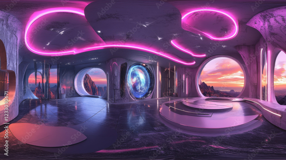 Poster 360 degree full panorama environment map of future architecture studio with bright led lights and cu
