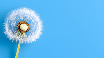 Obraz premium Dandelion seed head on blue background, copy space