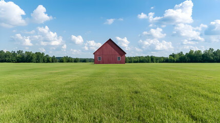 Obraz premium Red barn in green field, summer sky; idyllic rural scene