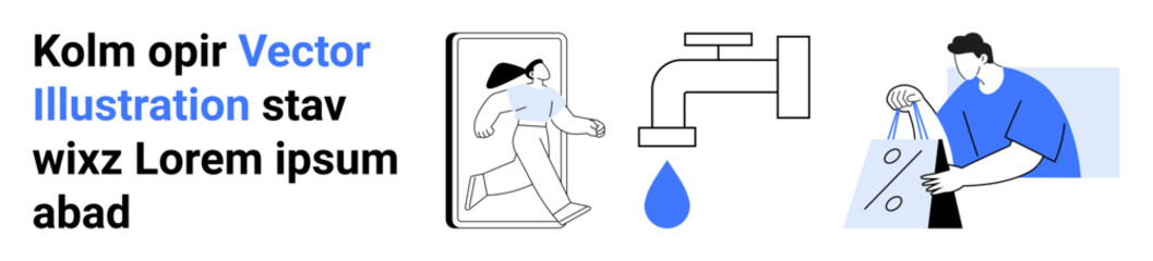 Person stepping out of a smartphone, blue water droplet from faucet, individual carrying shopping bags. Ideal for digital transformation, technology, e-commerce, sustainability, conservation