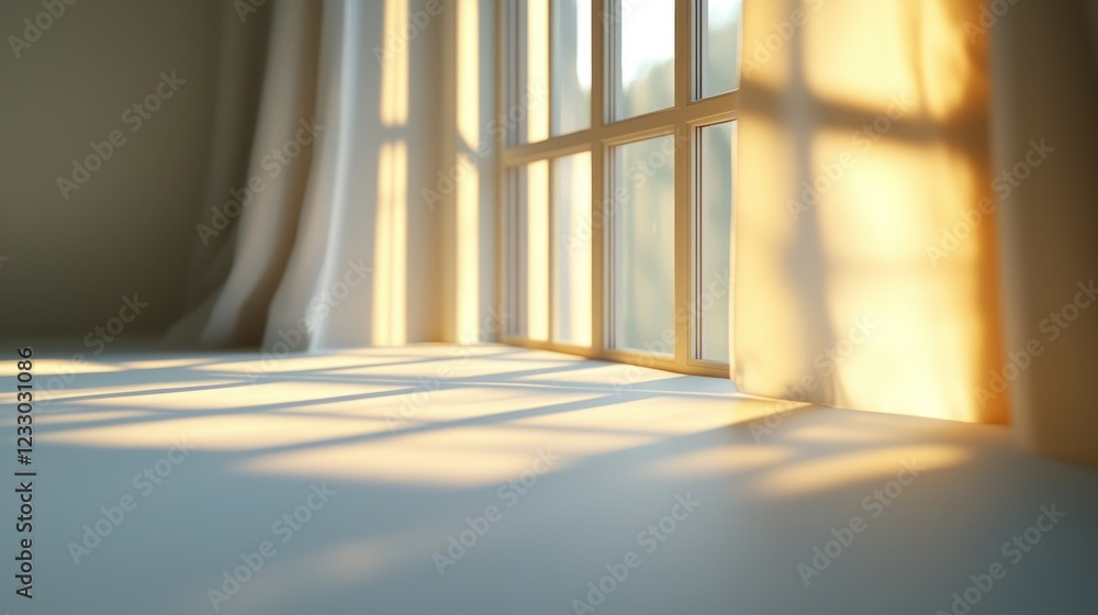 Poster sunlight streams through sheer curtains of home window onto empty floor