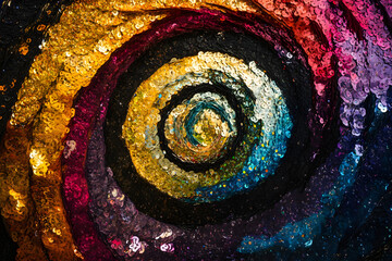 a kaleidoscopic swirl of holographic sequins arranged in a circular pattern, reflecting vibrant light. the luminous and intricate design evokes themes of magic, celebration, and elegance, making it pe