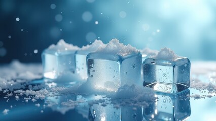 Melting ice cubes with water droplets on a reflective glass surface in soft light	