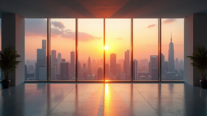 Fototapeta premium Bright Morning in a Contemporary Room with a Stunning Cityscape at Dawn