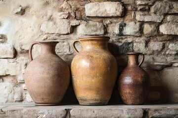 Timeless Clay Jars Displayed Against a Rustic Brick Wall in a Vintage Setting